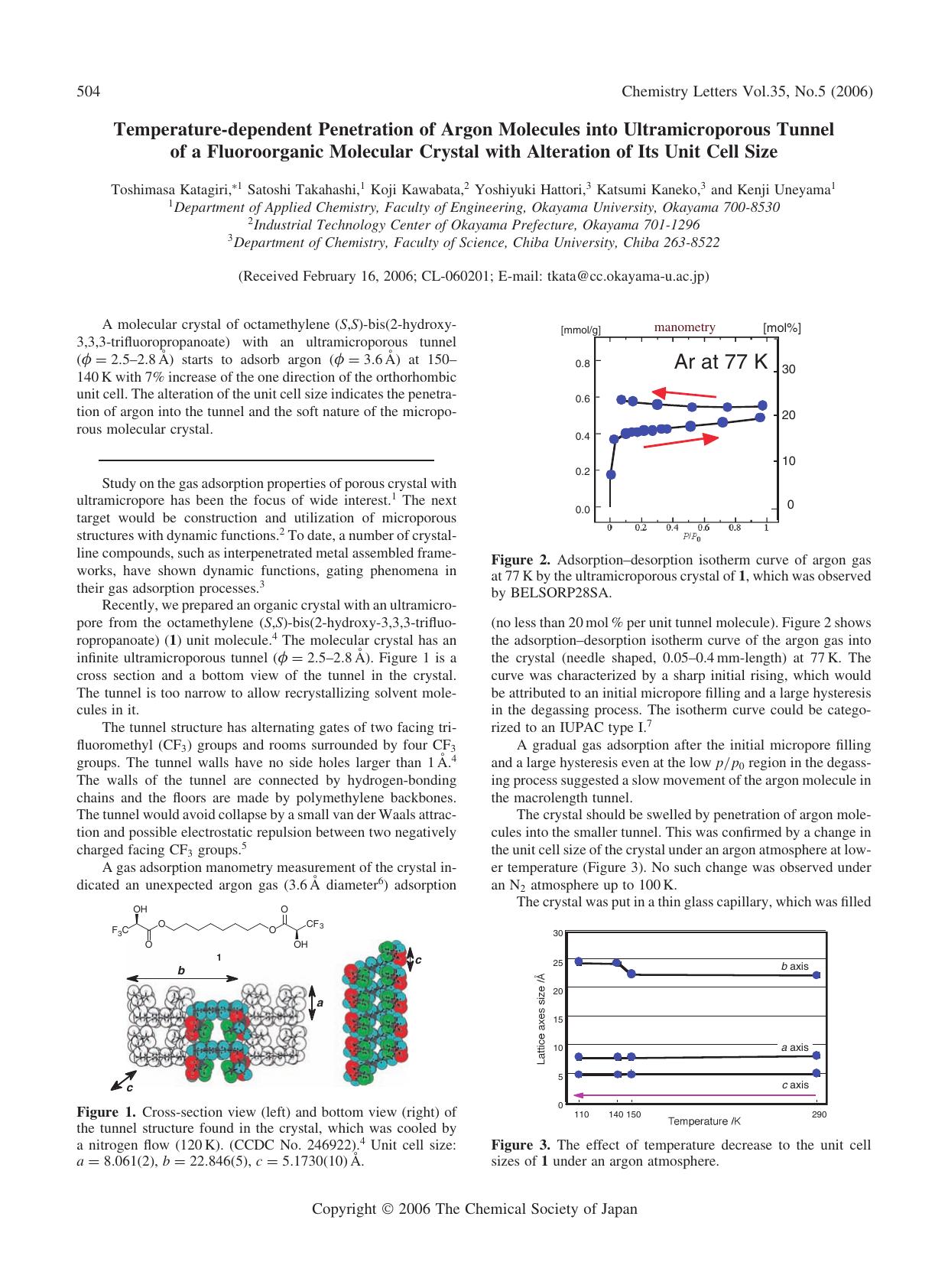 Temperature-dependent Penetration of Argon Molecules into Ultramicroporous Tunnel of a Fluoroorganic Molecular Crystal with Alteration of Its Unit Cell Size by unknow