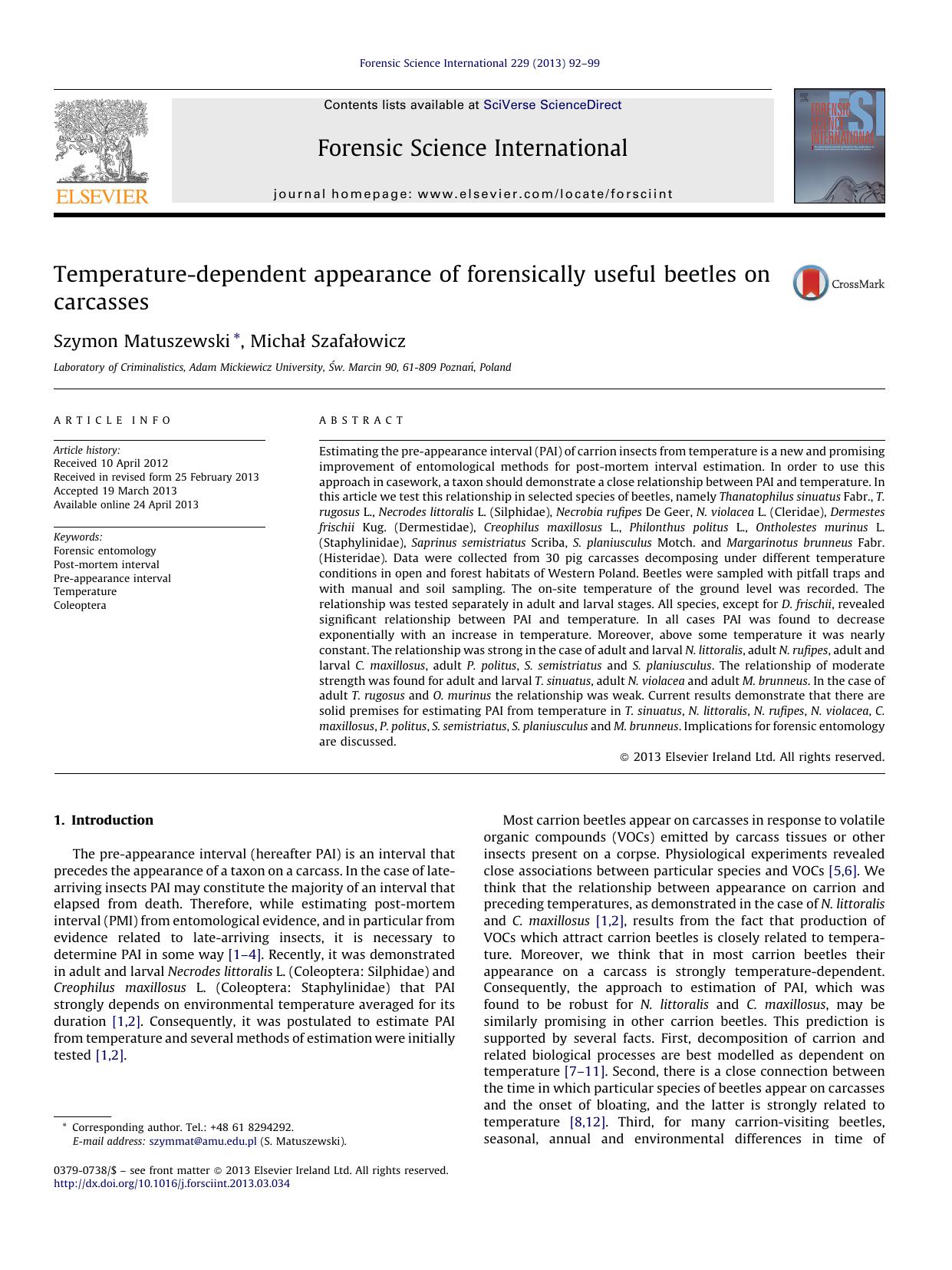 Temperature-dependent appearance of forensically useful beetles on carcasses by Szymon Matuszewski