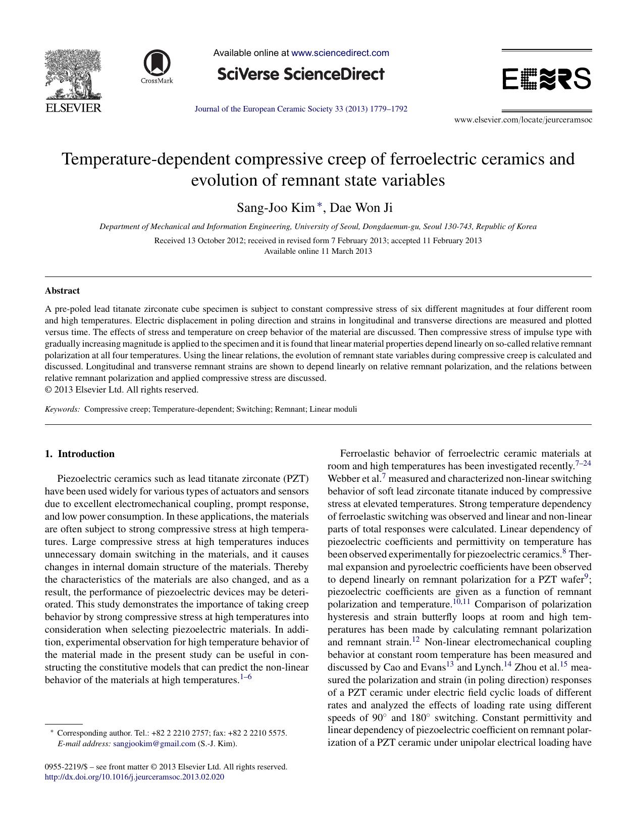 Temperature-dependent compressive creep of ferroelectric ceramics and evolution of remnant state variables by Sang-Joo Kim