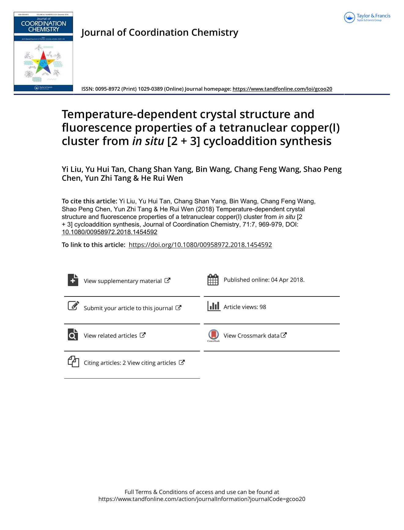 Temperature-dependent crystal structure and fluorescence properties of a tetranuclear copper(I) cluster from in situ [2 + 3] cycloaddition synthesis by unknow
