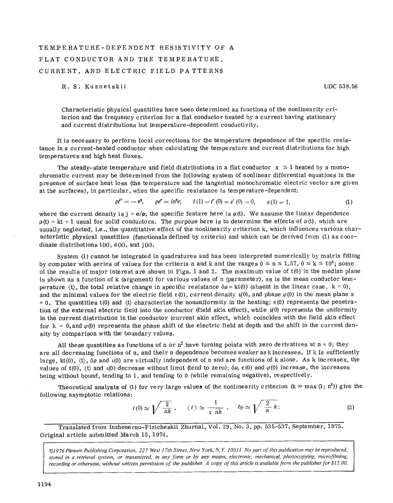Temperature-dependent resistivity of a flat conductor and the temperature, current, and electric field patterns by Unknown