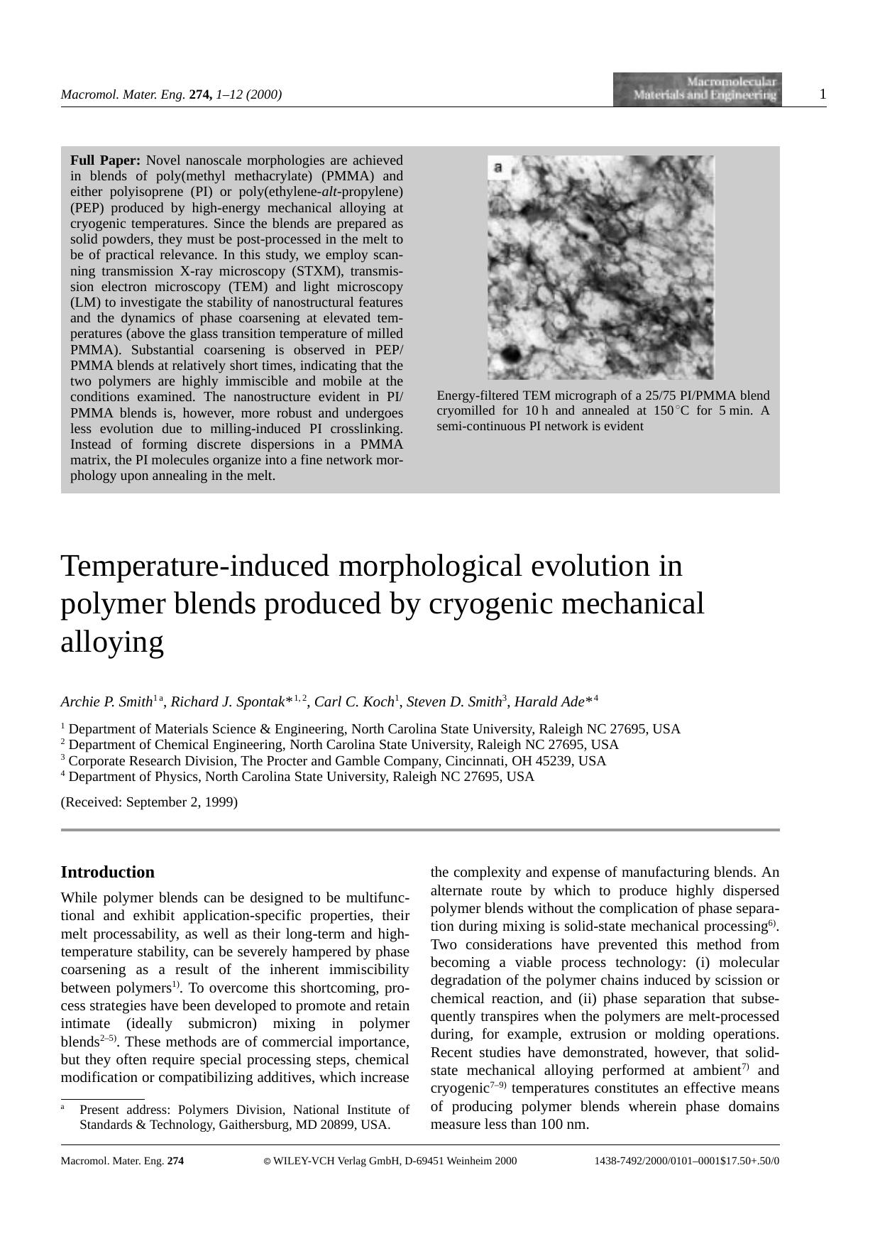 Temperature-induced morphological evolution in polymer blends produced by cryogenic mechanical alloying by Unknown