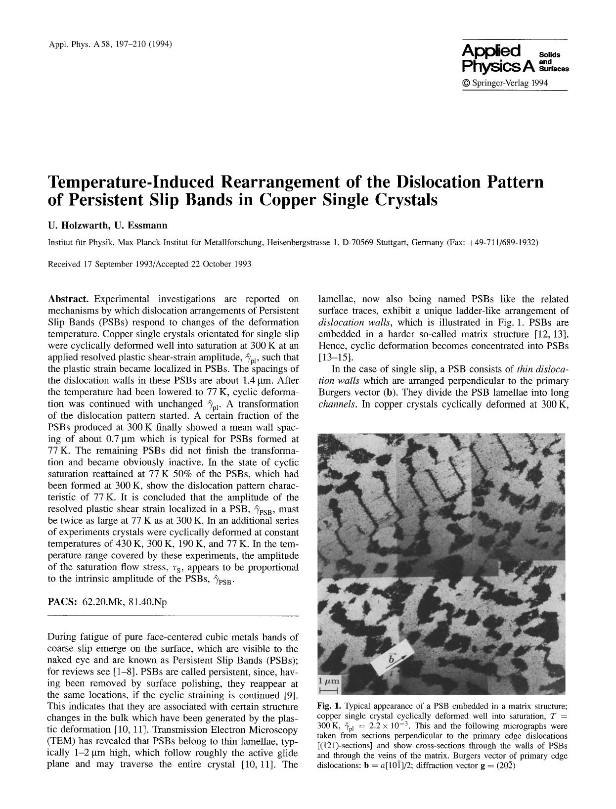Temperature-induced rearrangement of the dislocation pattern of Persistent Slip Bands in copper single crystals by Unknown