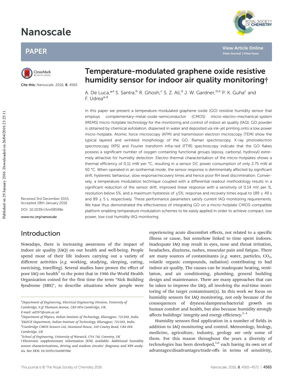 Temperature-modulated graphene oxide resistive humidity sensor for indoor air quality monitoring by A. De Luca S. Santra R. Ghosh S. Z. Ali J. W. Gardner P. K. Guha F. Udrea