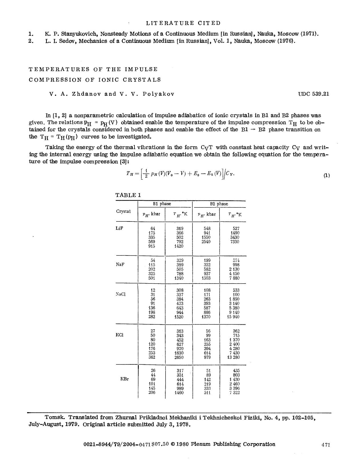 Temperatures of the impulse compression of ionic crystals by Unknown