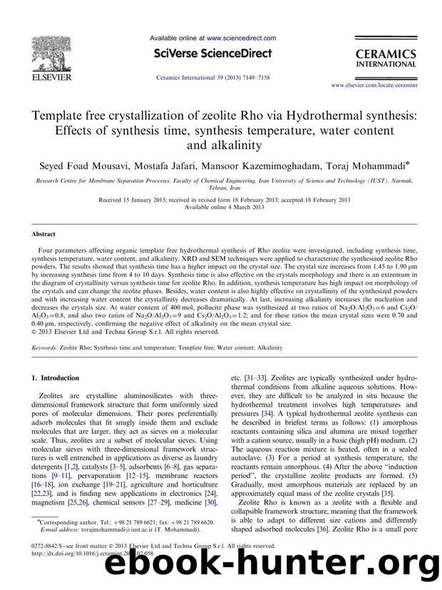 Template free crystallization of zeolite Rho via Hydrothermal synthesis_ Effects of synthesis time, synthesis temperature, water content and alkalinity by Seyed Foad Mousavi & Mostafa Jafari & Mansoor Kazemimoghadam & Toraj Mohammadi
