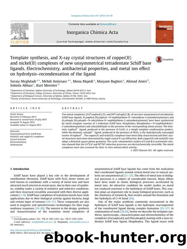 Template synthesis, and X-ray crystal structures of copper(II) and nickel(II) complexes of new unsymmetrical tetradentate Schiff base ligands. Electrochemistry, antibacterial prope by unknow