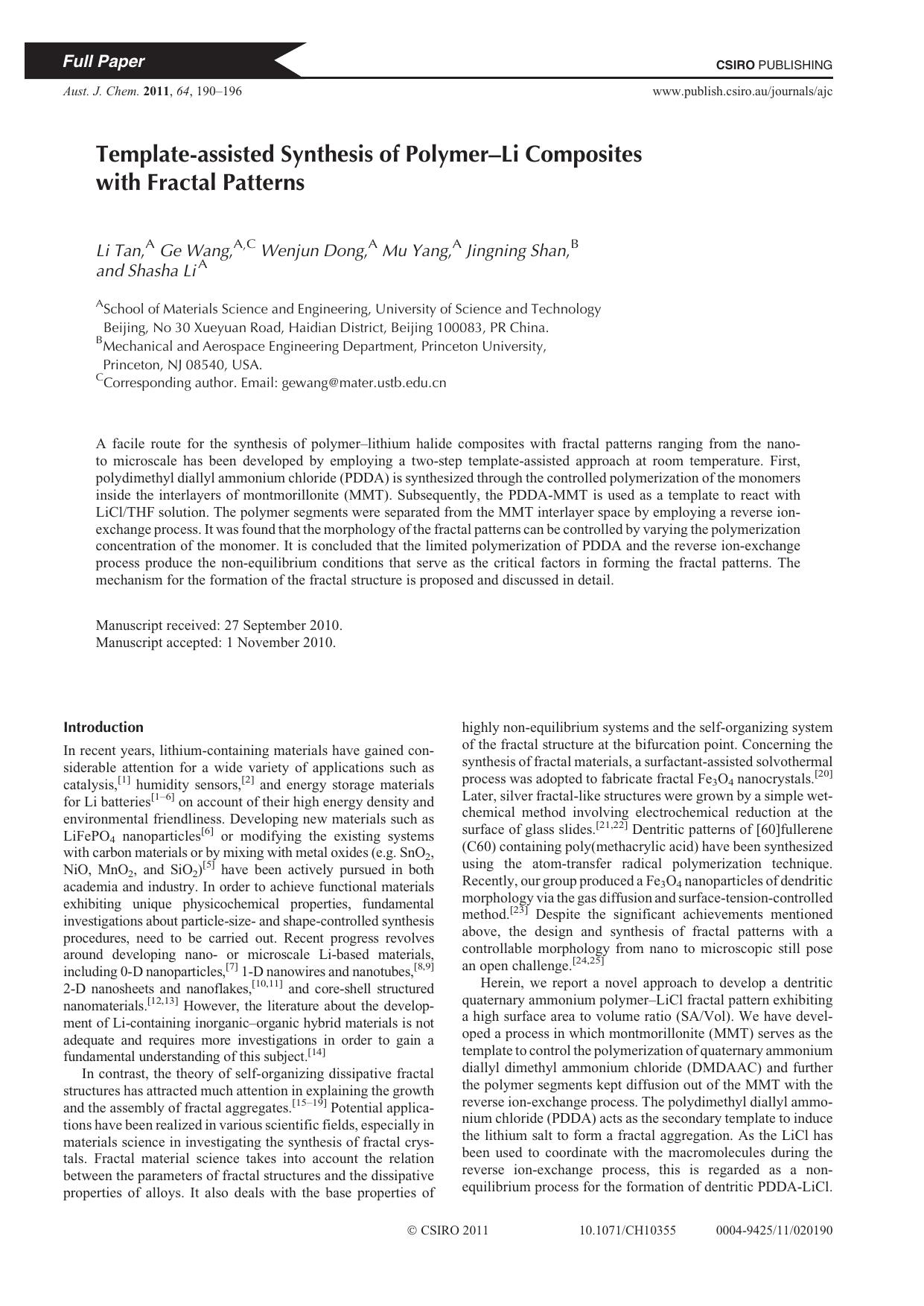 Template-assisted Synthesis of Polymer-Li Composites with Fractal Patterns by L. Tan et al