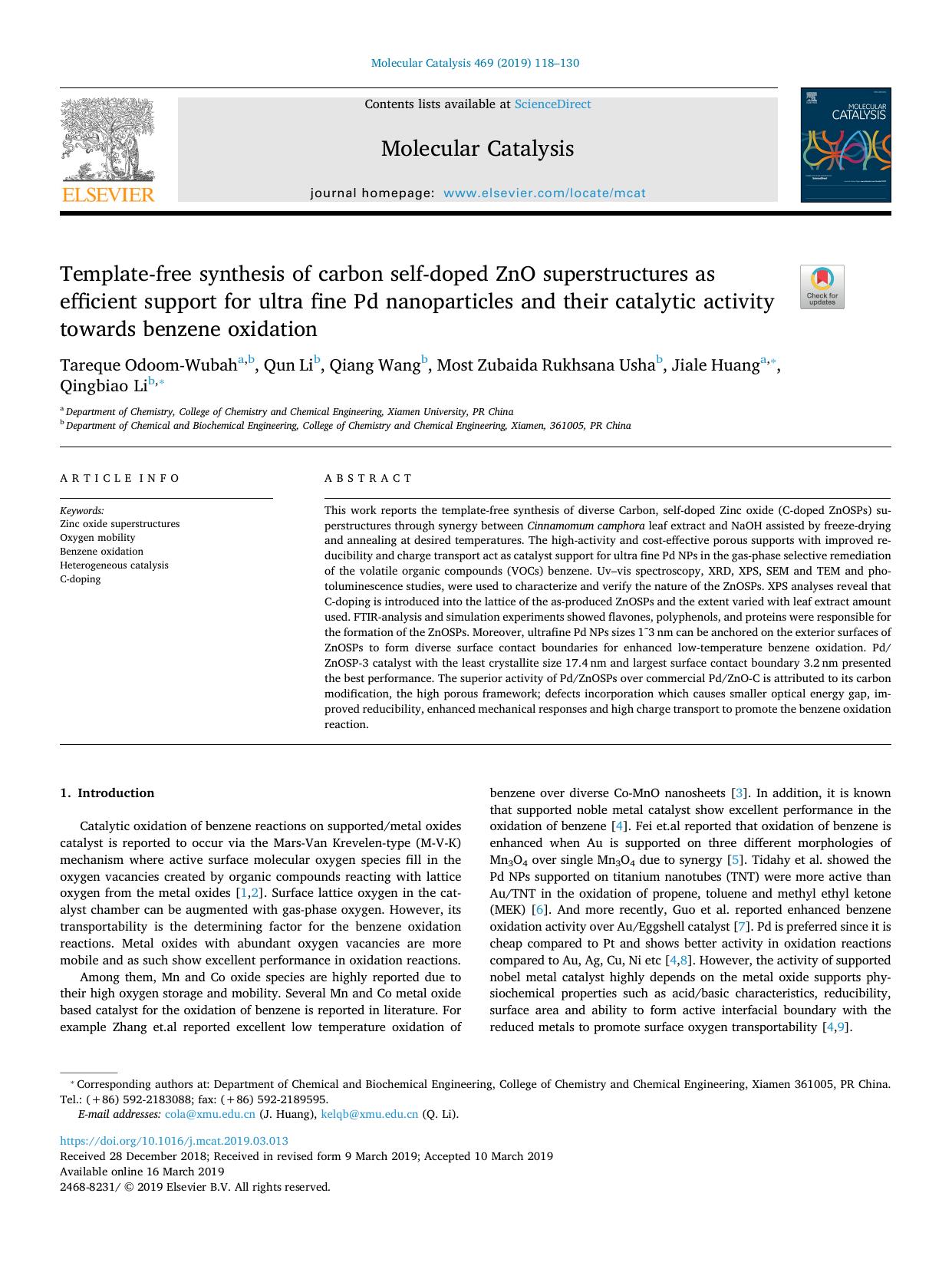 Template-free synthesis of carbon self-doped ZnO superstructures as efficient support for ultra fine Pd nanoparticles and their catalytic activity towards benzene oxidation by Tareque Odoom-Wubah & Qun Li & Qiang Wang & Most Zubaida Rukhsana Usha & Jiale Huang & Qingbiao Li