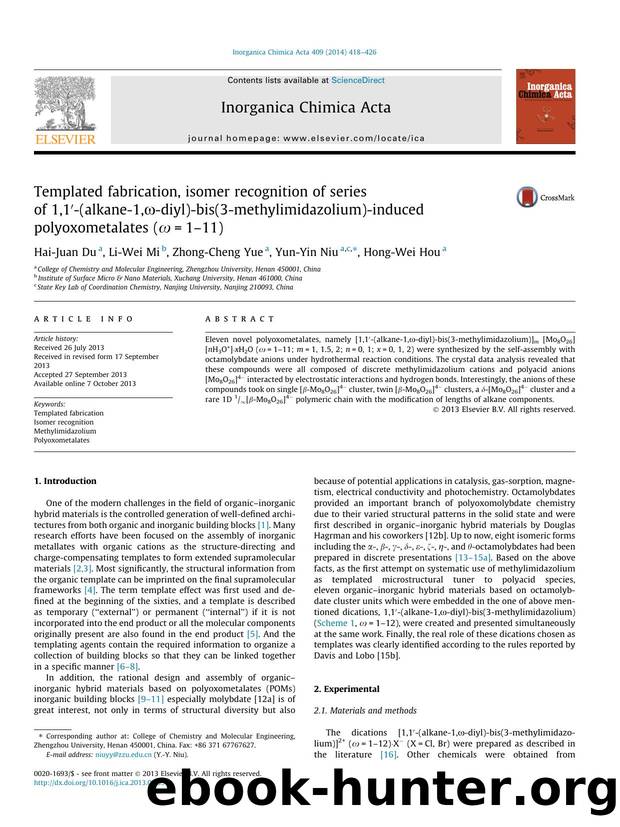 Templated fabrication, isomer recognition of series of 1,1Ã¢â¬Â²-(alkane-1,Ãâ°-diyl)-bis(3-methylimidazolium)-induced polyoxometalates (Ãâ°=1Ã¢â¬â11) by Hai-Juan Du & Li-Wei Mi & Zhong-Cheng Yue & Yun-Yin Niu & Hong-Wei Hou