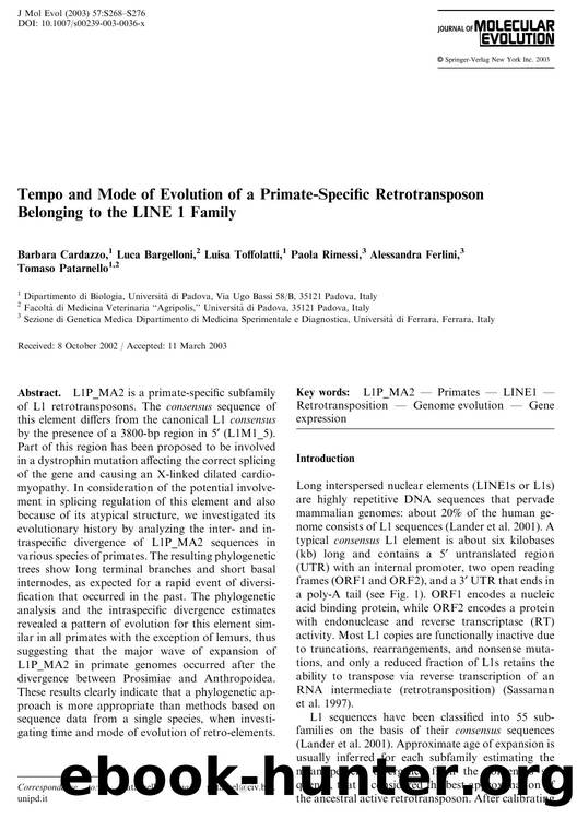 Tempo and Mode of Evolution of a Primate-Specific Retrotransposon Belonging to the LINE 1 Family by Cardazzo B. et al