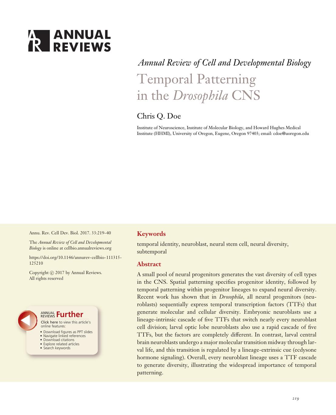 Temporal Patterning in the Drosophila CNS by Chris Q. Doe
