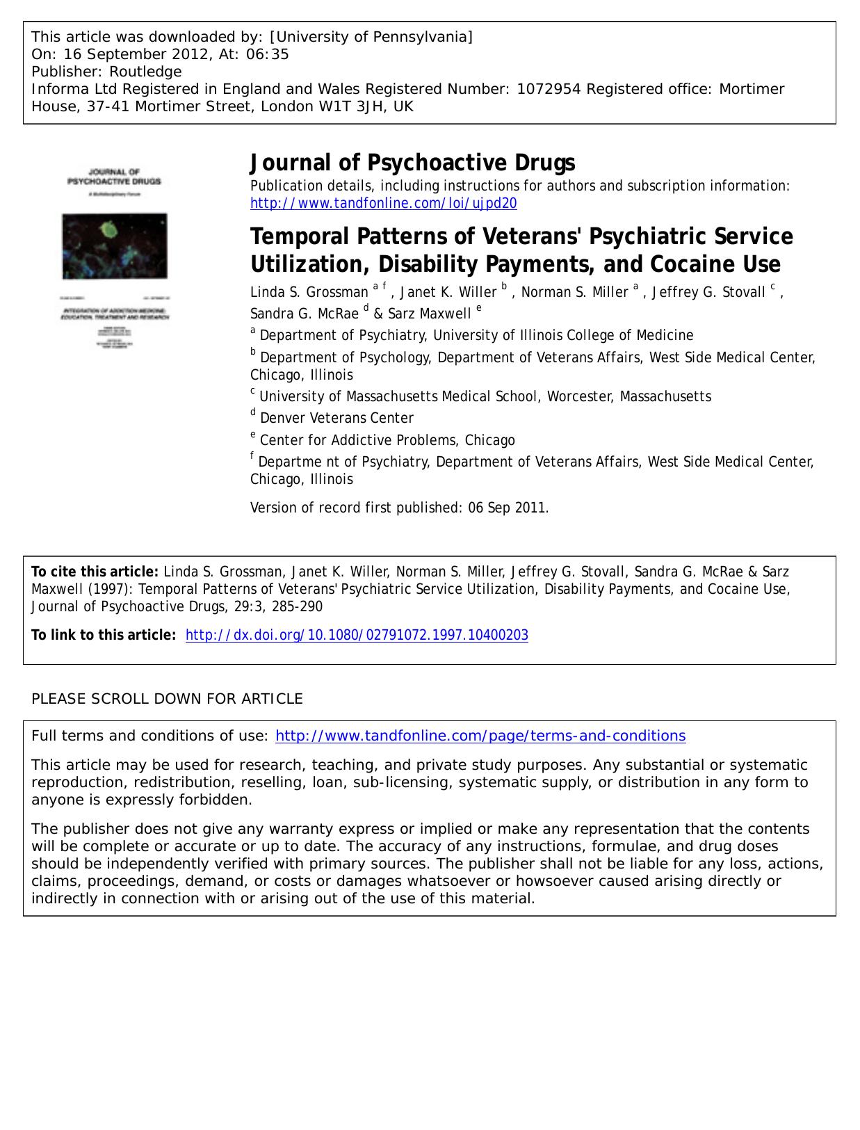 Temporal Patterns of Veterans' Psychiatric Service Utilization, Disability Payments, and Cocaine Use by unknow