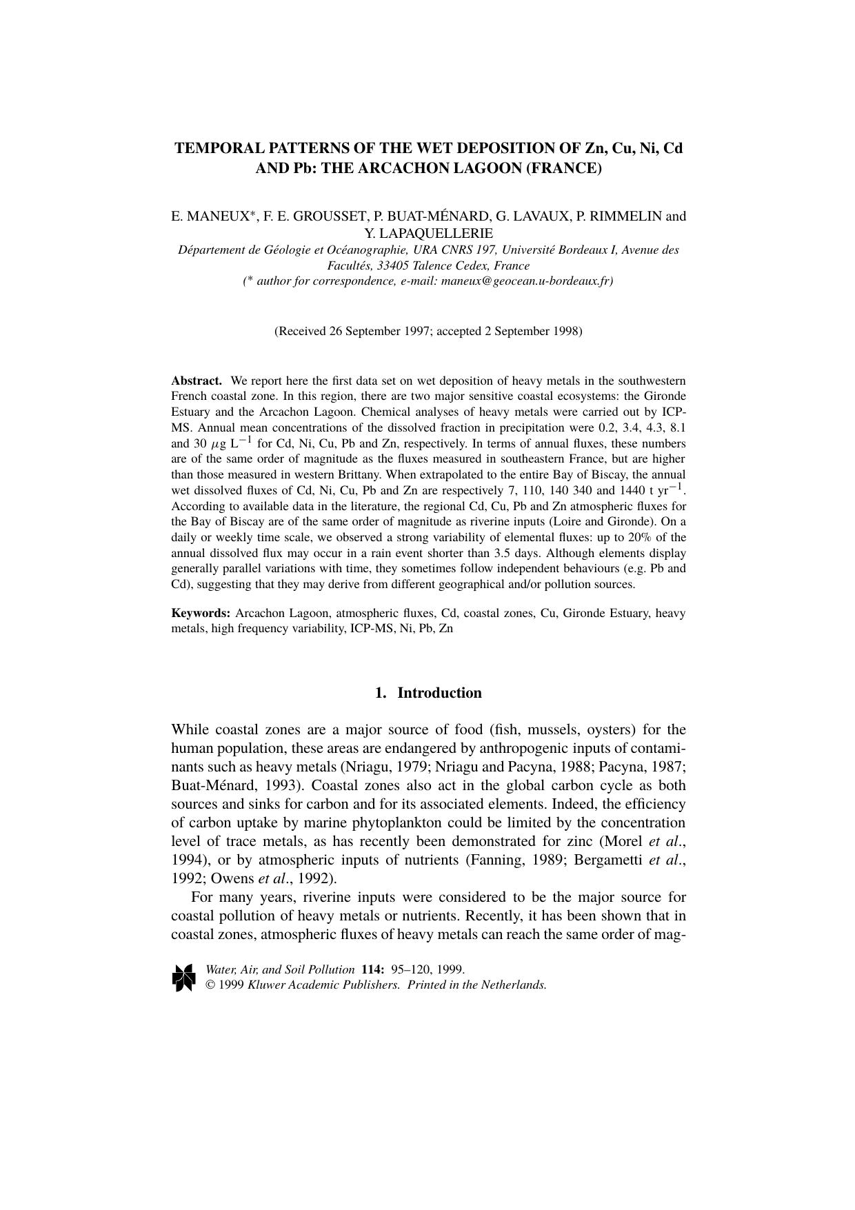 Temporal Patterns of the Wet Deposition of Zn, Cu, Ni, Cd and Pb: The Arcachon Lagoon (France) by Unknown