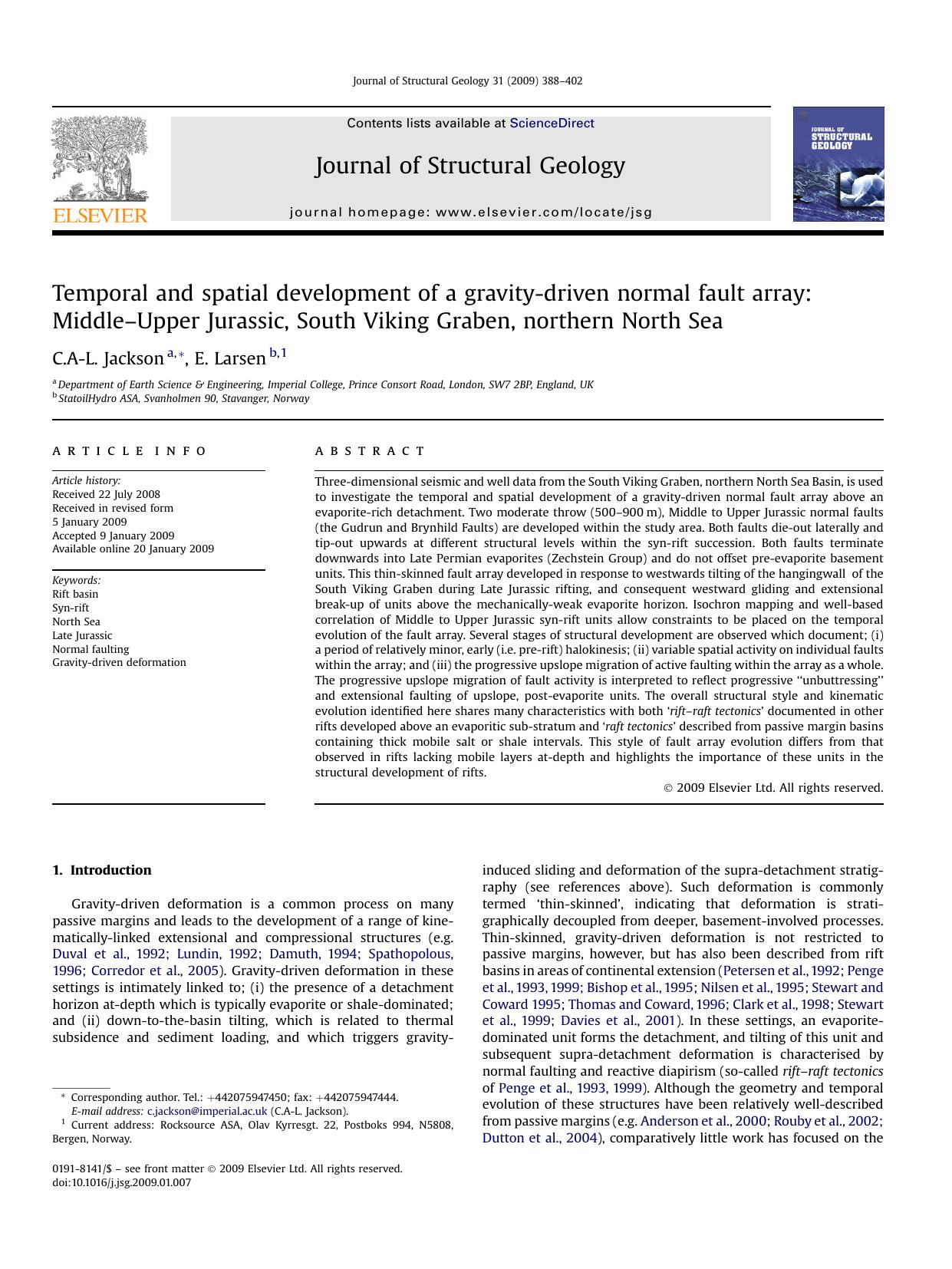 Temporal and spatial development of a gravity-driven normal fault array: Middle-Upper Jurassic, South Viking Graben, northern North Sea by C.A-L. Jackson; E. Larsen