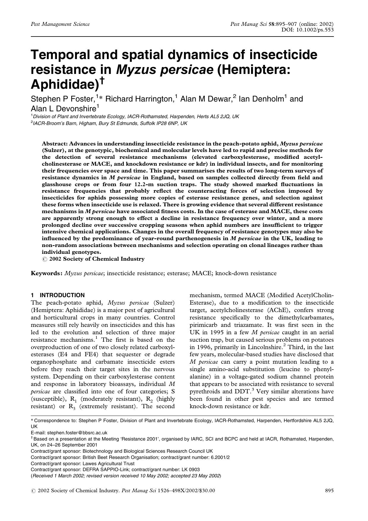 Temporal and spatial dynamics of insecticide resistance in Myzus persicae (Hemiptera: Aphididae) by Unknown