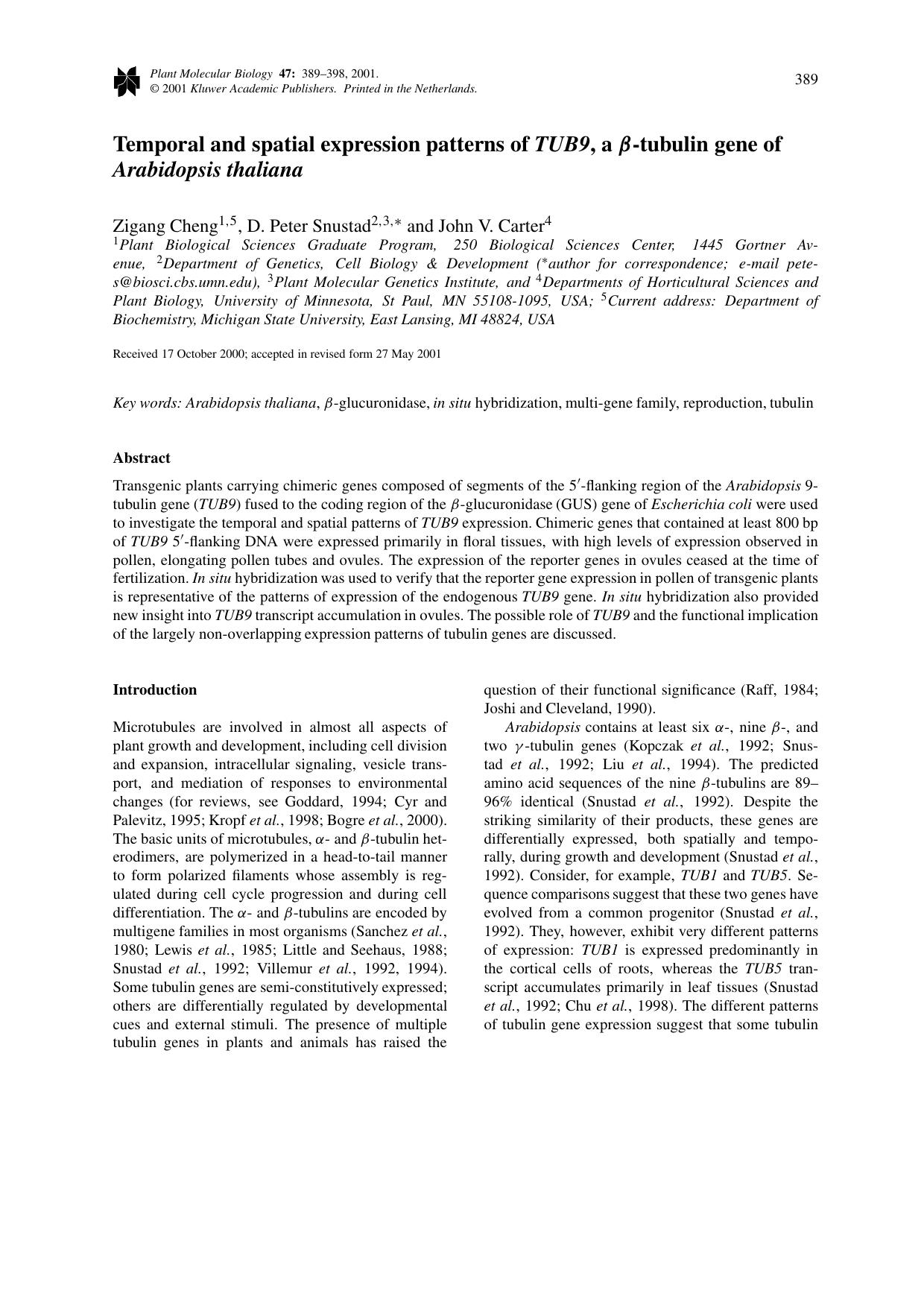 Temporal and spatial expression patterns of TUB9, a β-tubulin gene of Arabidopsis thaliana by Unknown