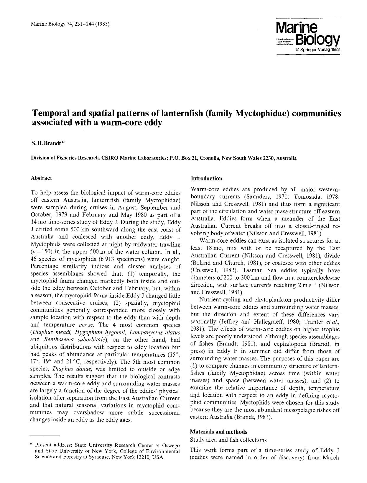 Temporal and spatial patterns of lanternfish (family Myctophidae) communities associated with a warm-core eddy by Unknown