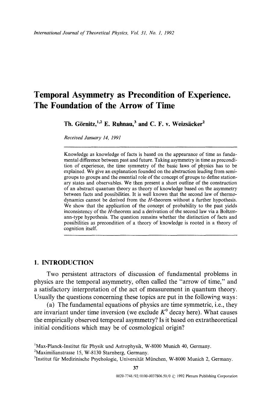 Temporal asymmetry as precondition of experience. The foundation of the arrow of time by Unknown