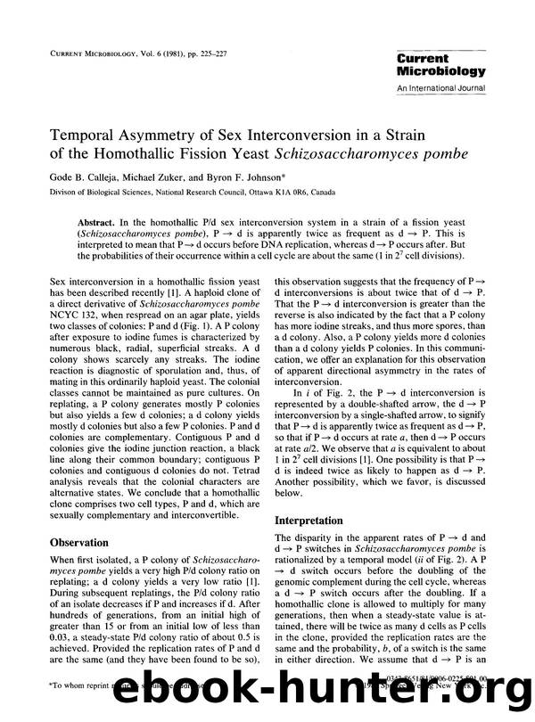 Temporal asymmetry of sex interconversion in a strain of the homothallic fission yeast <Emphasis Type="Italic">Schizosaccharomyces pombe <Emphasis> by Unknown