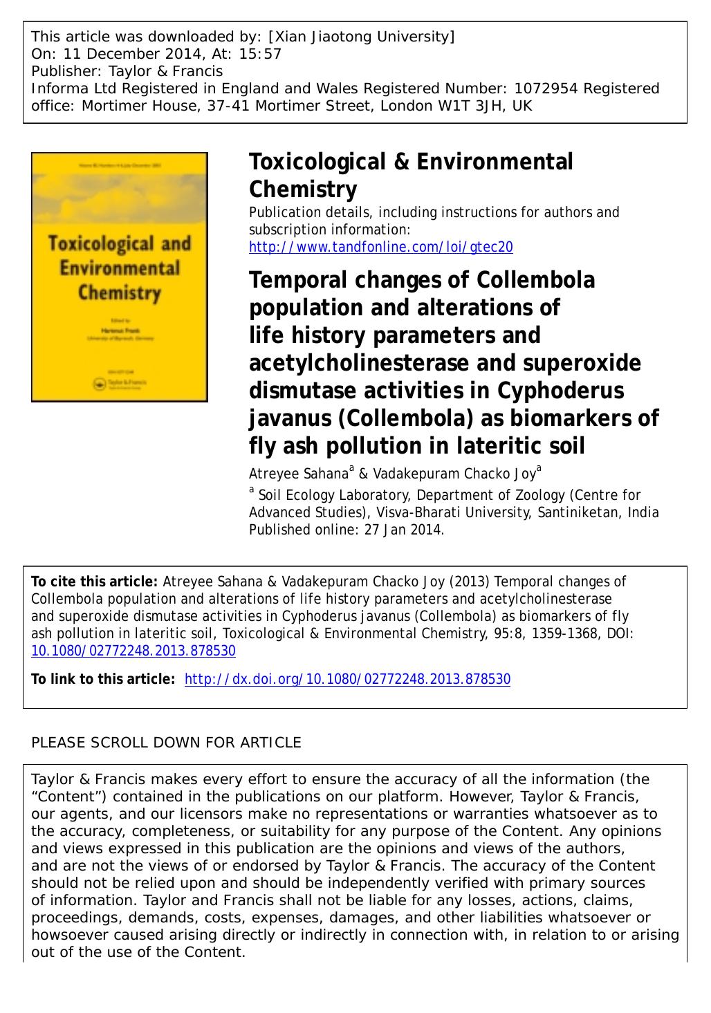 Temporal changes of Collembola population and alterations of life history parameters and acetylcholinesterase and superoxide dismutase activities in Cyphoderus javanus \(Collembola by Atreyee Sahana