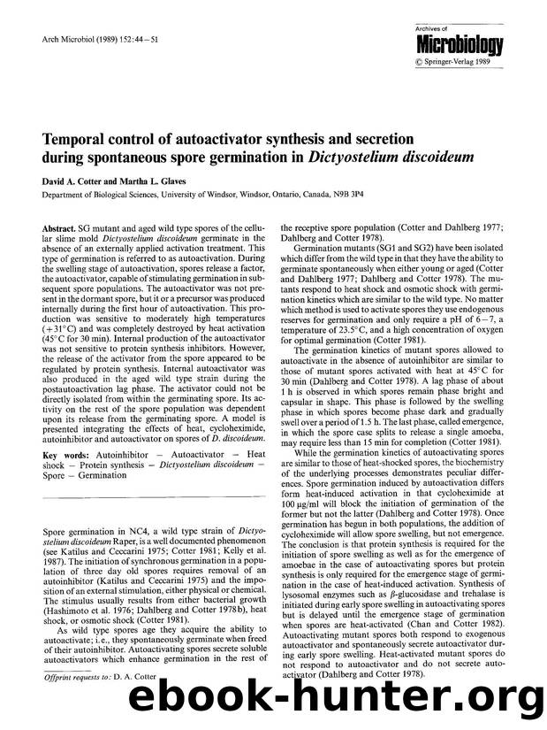 Temporal control of autoactivator synthesis and secretion during spontaneous spore germination in <Emphasis Type="Italic">Dictyostelium discoideum<Emphasis> by Unknown
