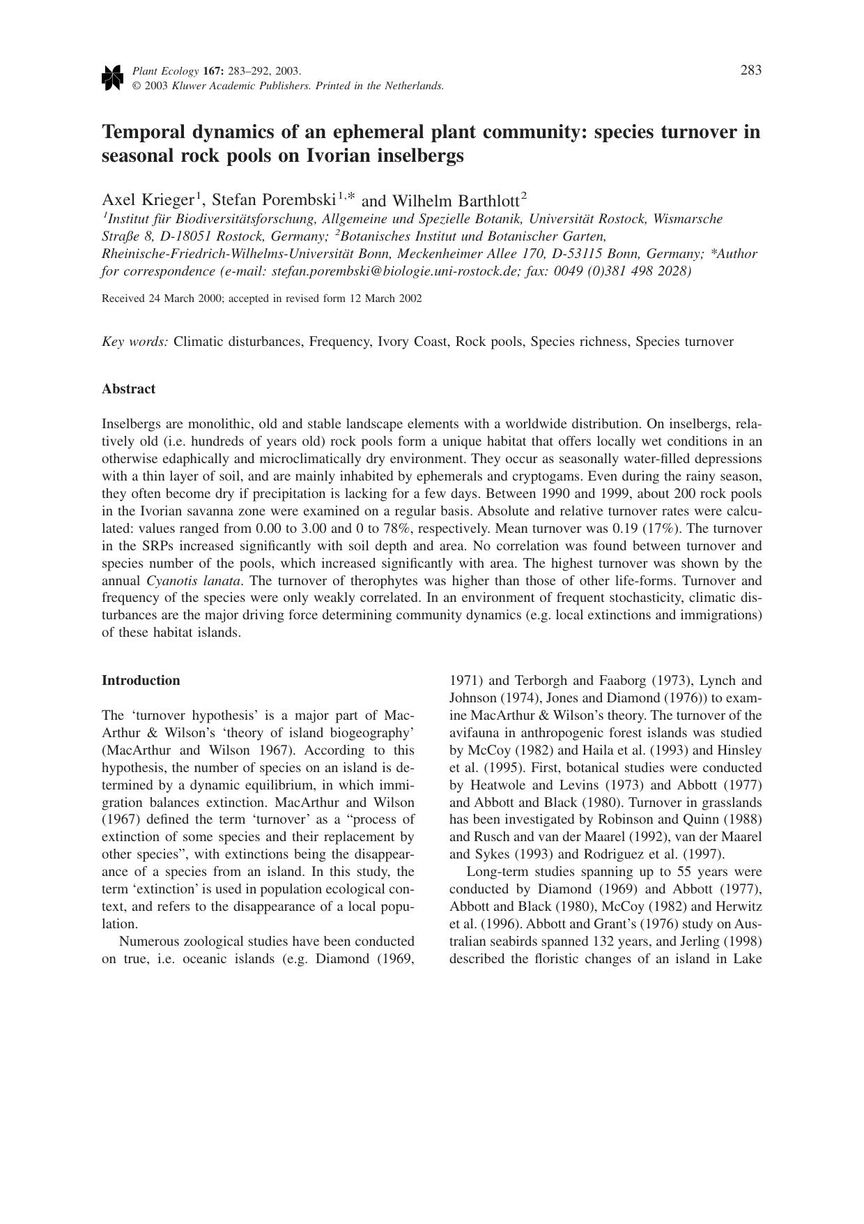 Temporal dynamics of an ephemeral plant community: species turnover in seasonal rock pools on Ivorian inselbergs by Unknown