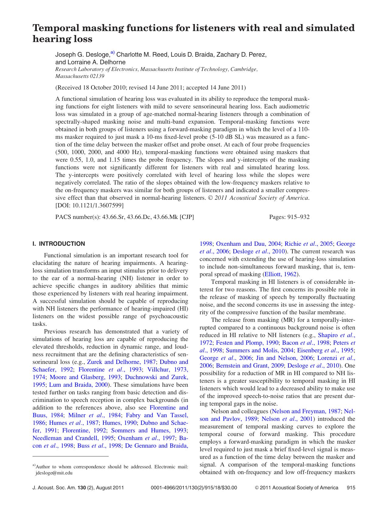 Temporal masking functions for listeners with real and simulated hearing loss by Joseph G. Desloge Charlotte M. Reed Louis D. Braida Zachary D. Perez and Lorraine A. Delhorne