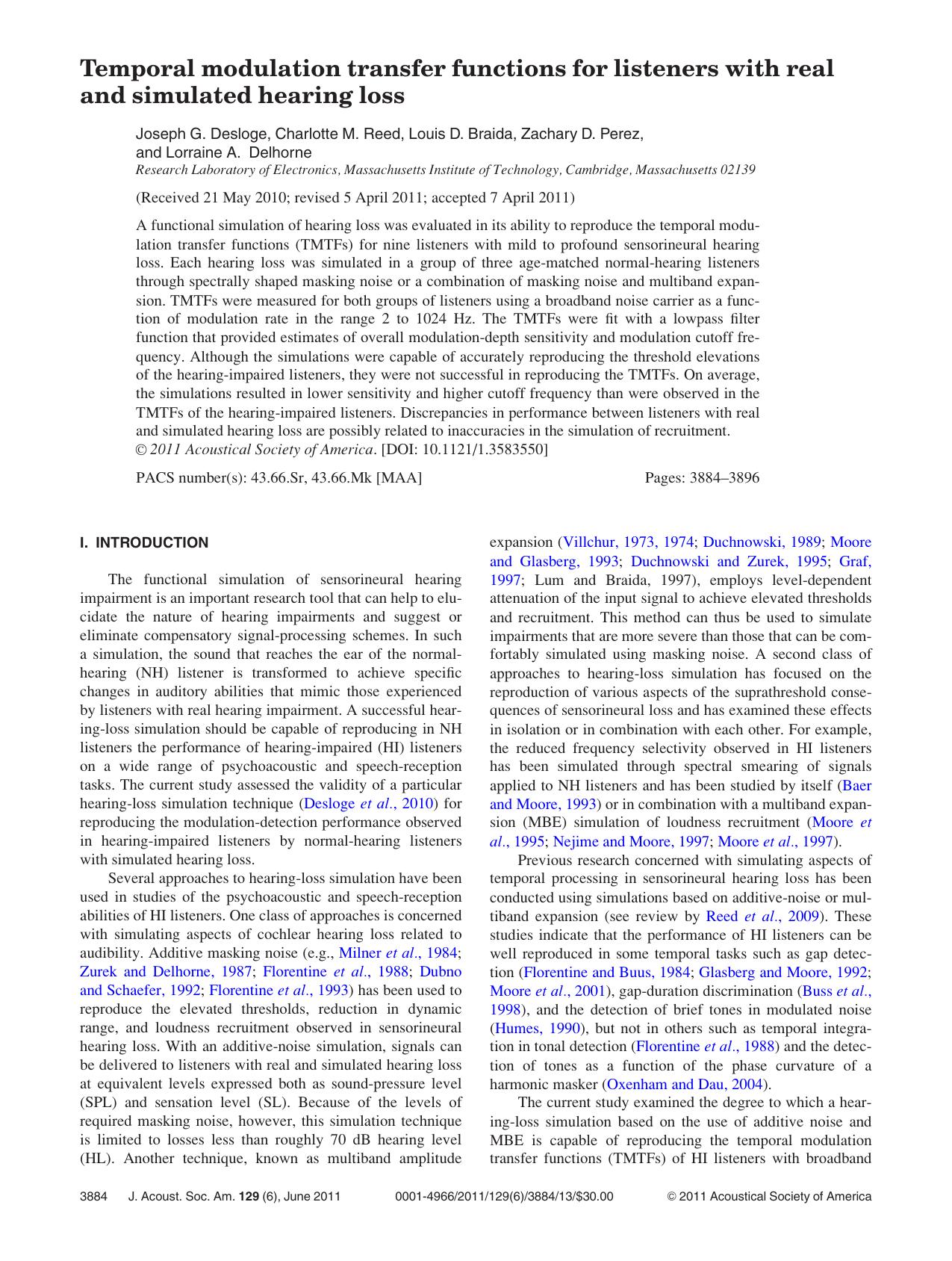 Temporal modulation transfer functions for listeners with real and simulated hearing loss by Joseph G. Desloge Charlotte M. Reed Louis D. Braida Zachary D. Perez and Lorraine A. Delhorne