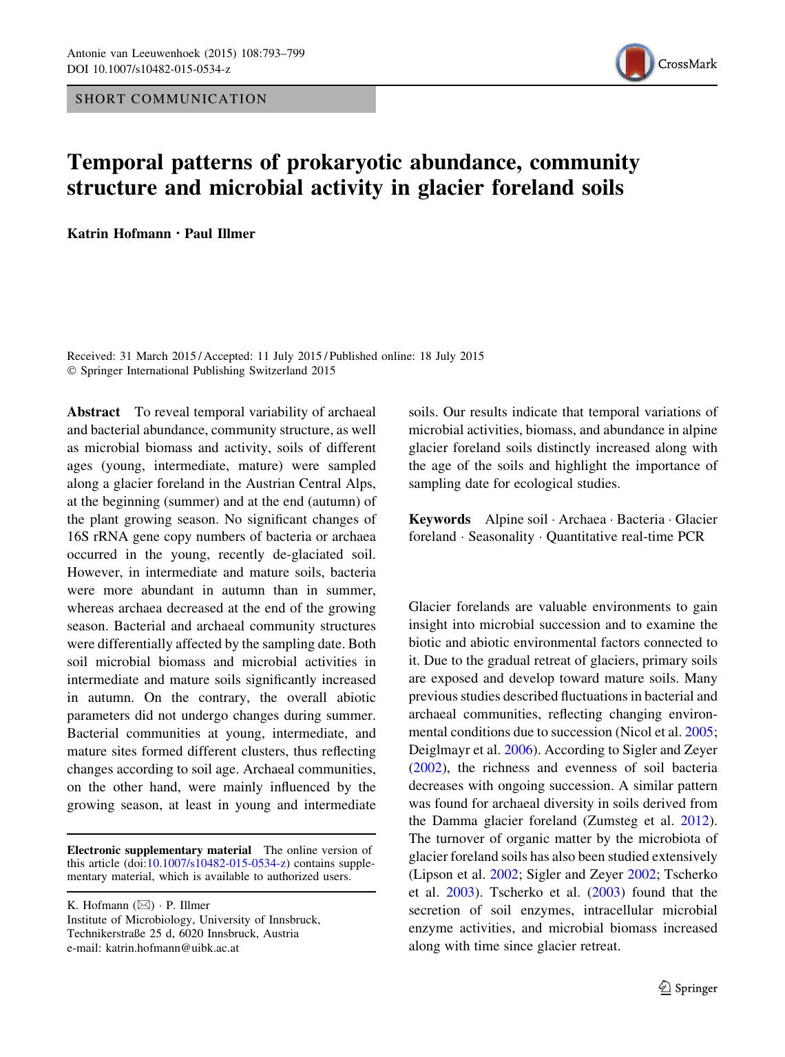 Temporal patterns of prokaryotic abundance, community structure and microbial activity in glacier foreland soils by Katrin Hofmann & Paul Illmer