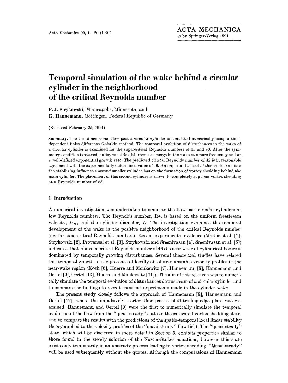 Temporal simulation of the wake behind a circular cylinder in the neighborhood of the critical Reynolds number by Unknown