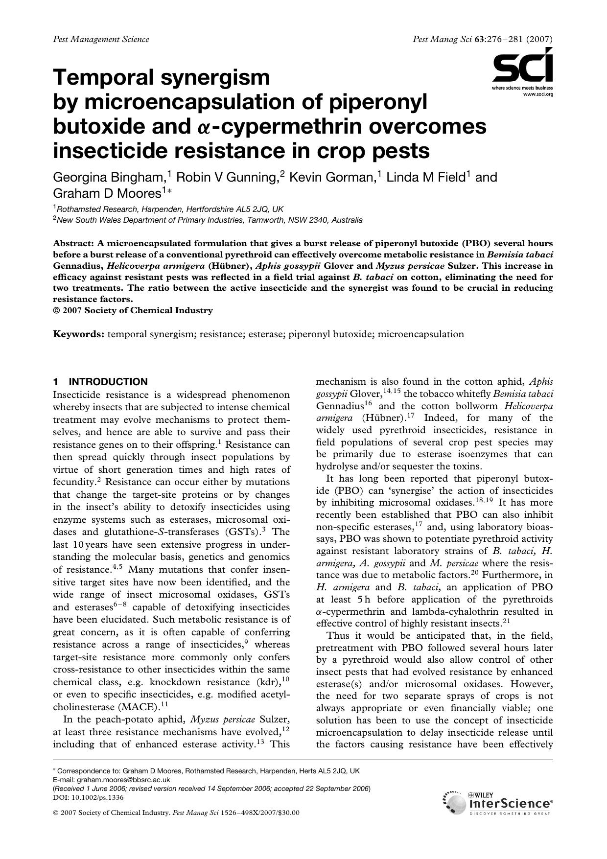 Temporal synergism by microencapsulation of piperonyl butoxide and [alpha]-cypermethrin overcomes insecticide resistance in crop pests by Unknown