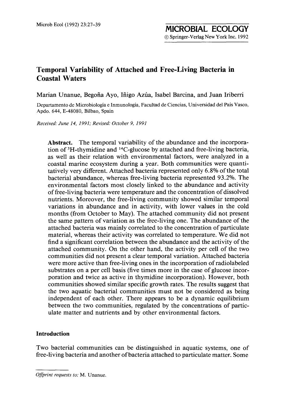 Temporal variability of attached and free-living bacteria in coastal waters by Unknown
