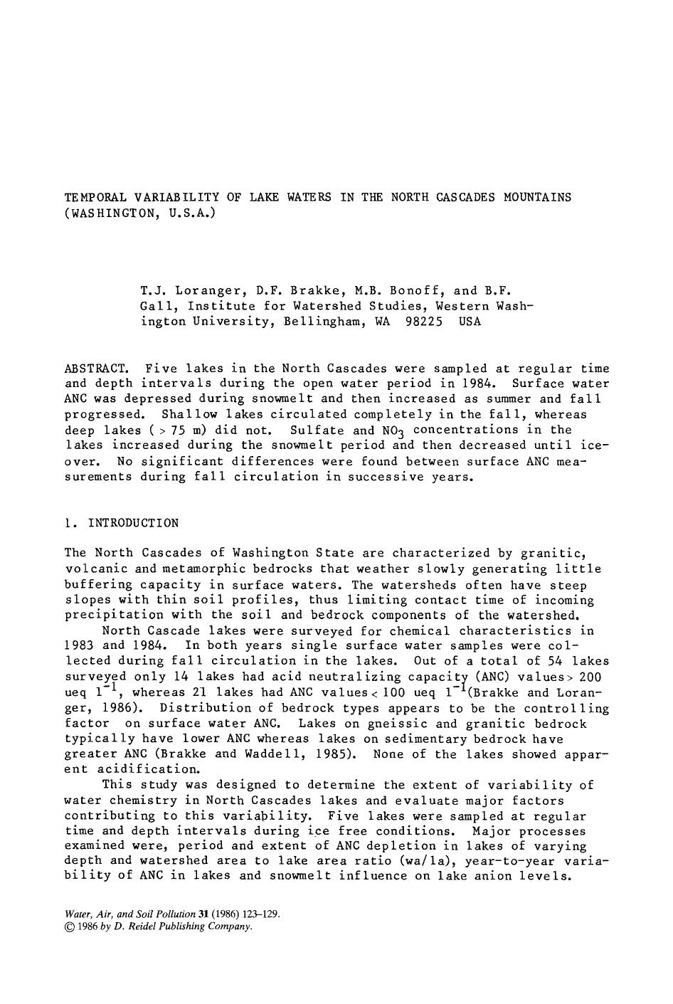 Temporal variability of lake waters in the North Cascades mountains (Washington, U.S.A.) by Unknown
