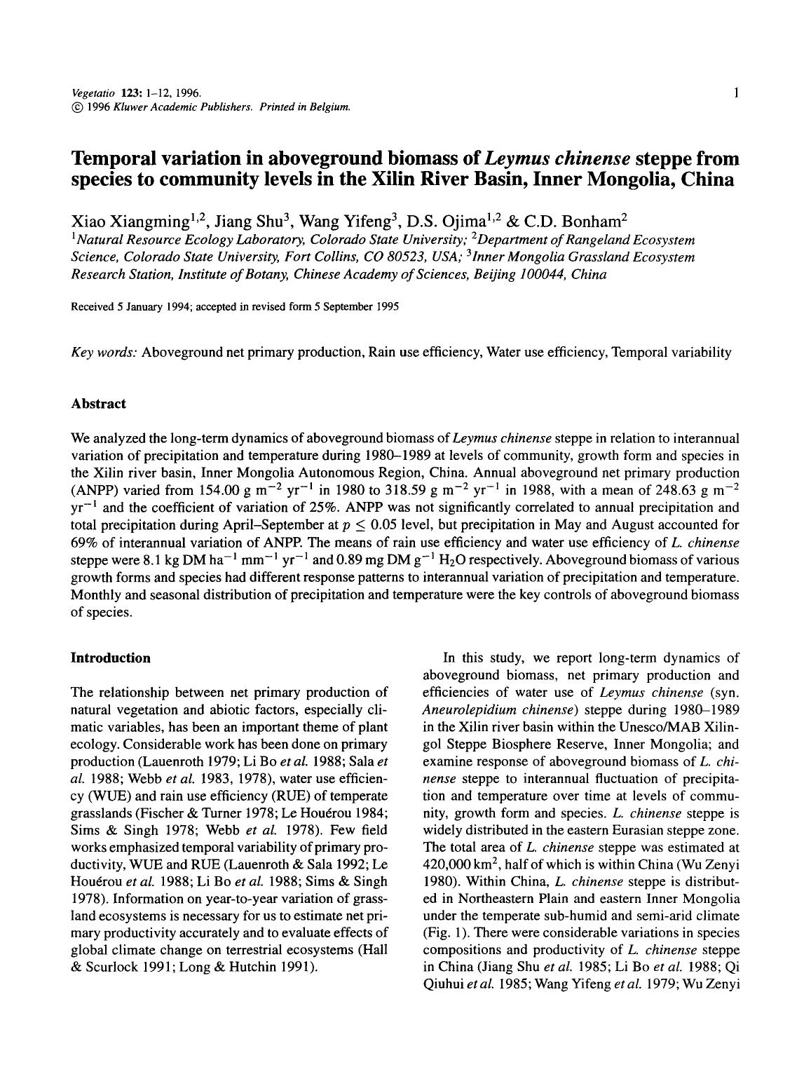 Temporal variation in aboveground biomass of <Emphasis Type="Italic">Leymus chinense <Emphasis> steppe from species to community levels in the Xilin River Basin, Inner Mongolia, China by Unknown