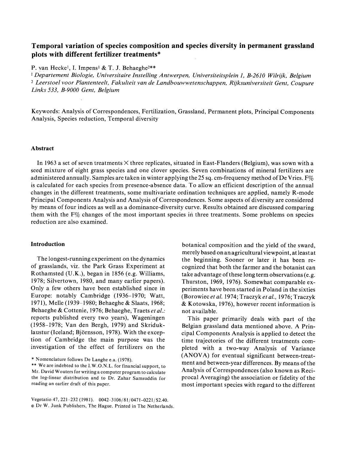 Temporal variation of species composition and species diversity in permanent grassland plots with different fertilizer treatments by Unknown