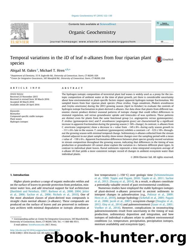 Temporal variations in the ÃÂ´D of leaf n-alkanes from four riparian plant species by Abigail M. Oakes & Michael T. Hren