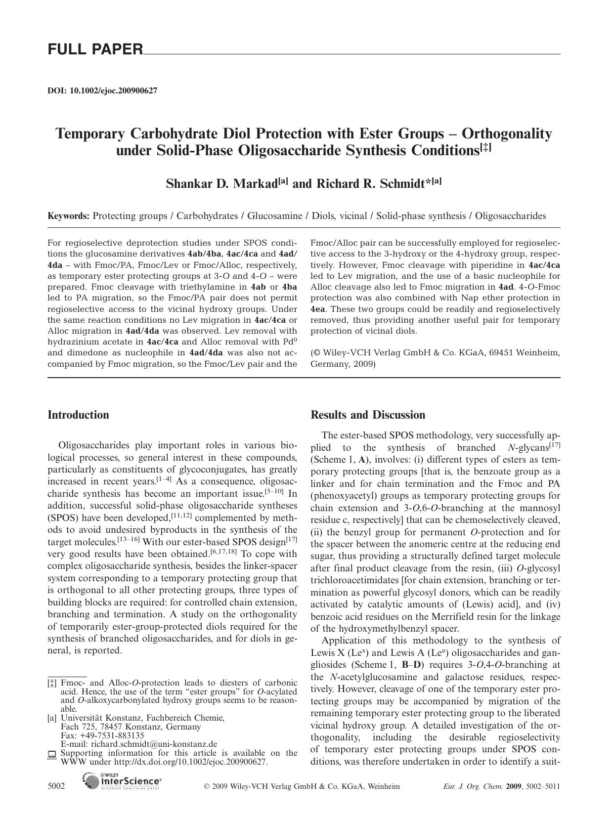 Temporary Carbohydrate Diol Protection with Ester Groups - Orthogonality under Solid-Phase Oligosaccharide Synthesis Conditions by Unknown