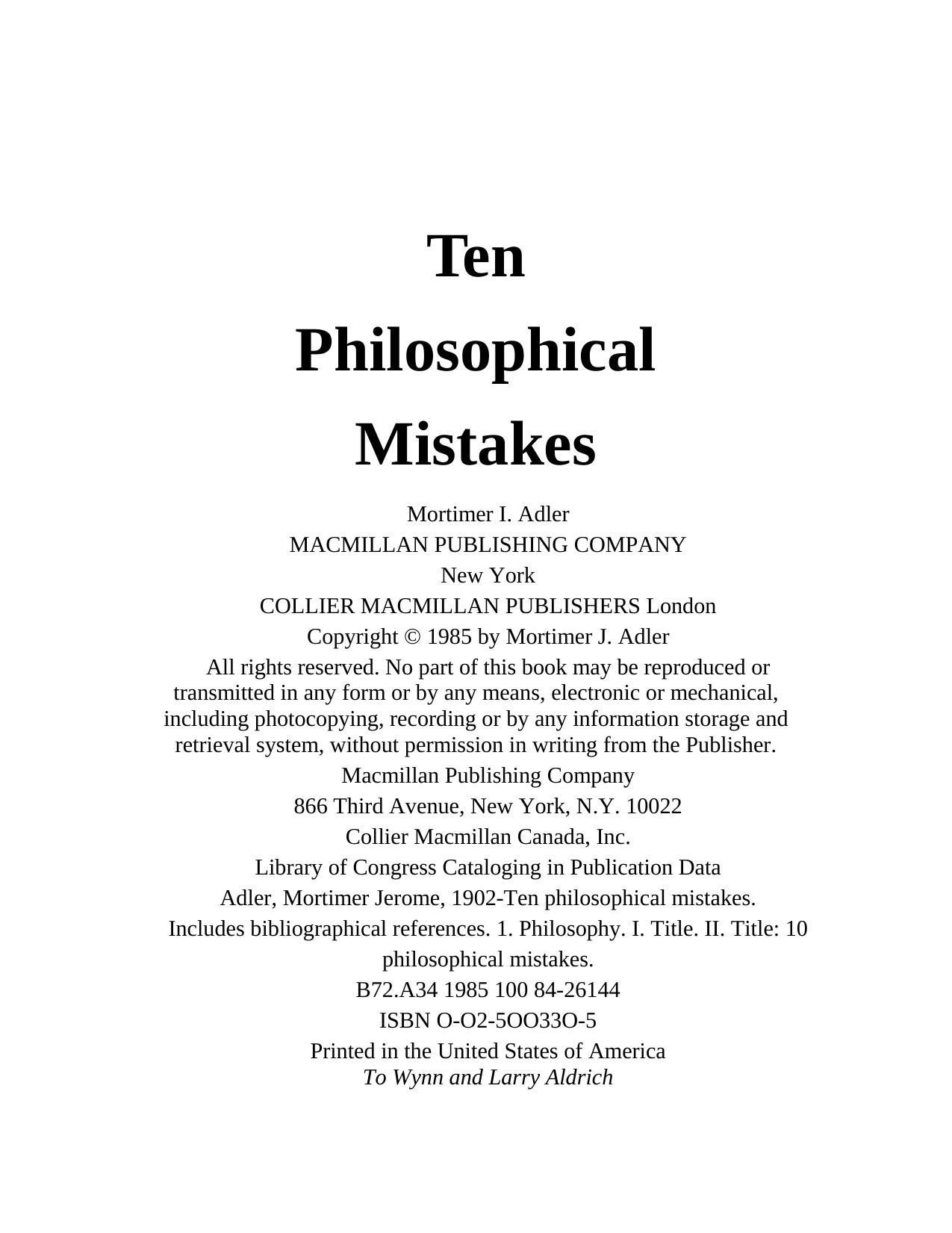 Ten Philosophical Mistakes by Mortimer J. Adler