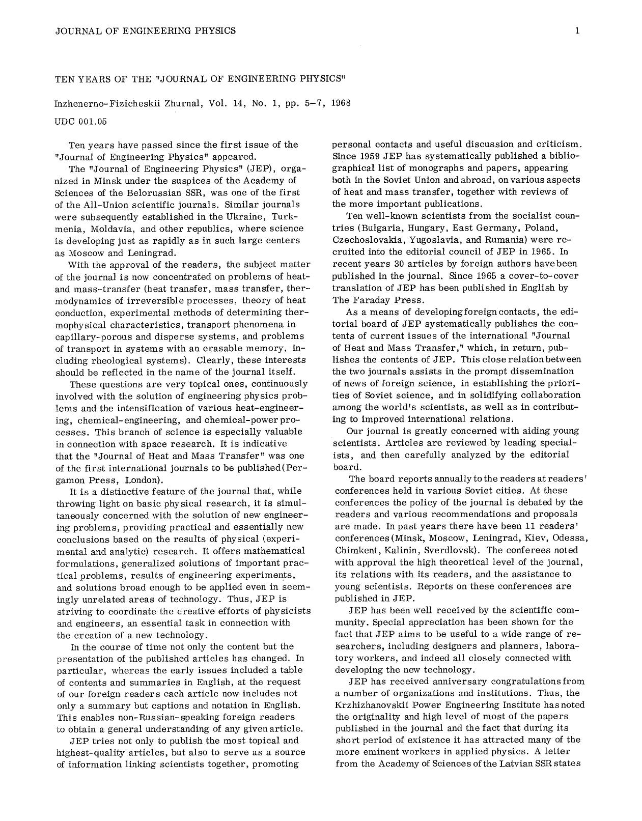 Ten years of the “Journal of Engineering Physics” by Unknown
