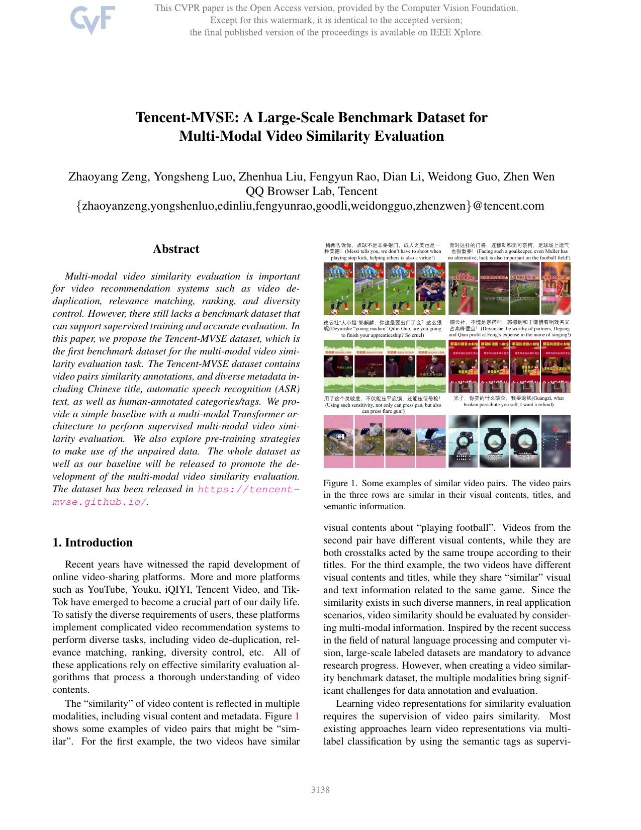 Tencent-MVSE: A Large-Scale Benchmark Dataset for Multi-Modal Video Similarity Evaluation by Zhaoyang Zeng & Yongsheng Luo & Zhenhua Liu & Fengyun Rao & Dian Li & Weidong Guo & Zhen Wen