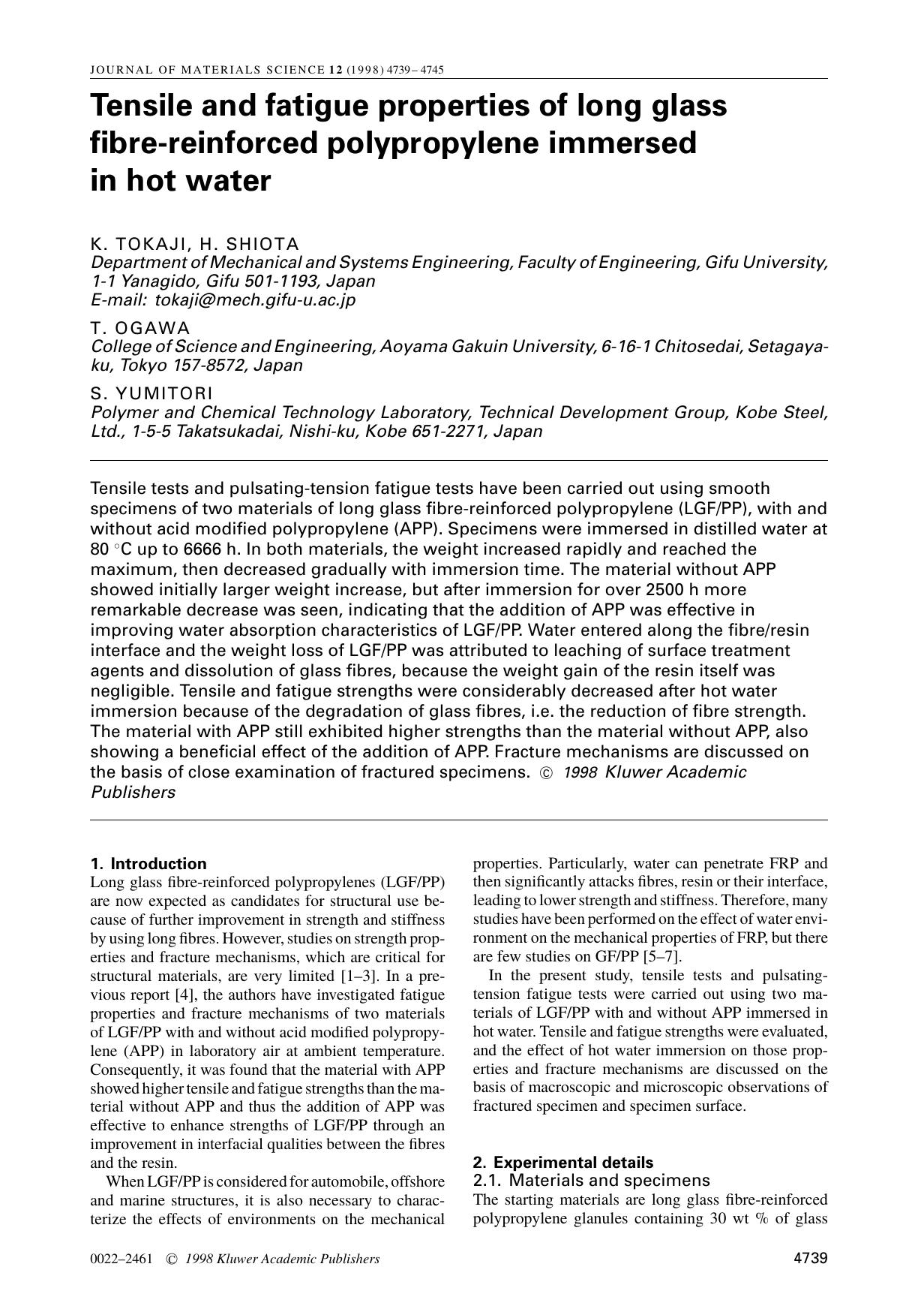 Tensile and fatigue properties of long glass fibre-reinforced polypropylene immersed in hot water by Unknown