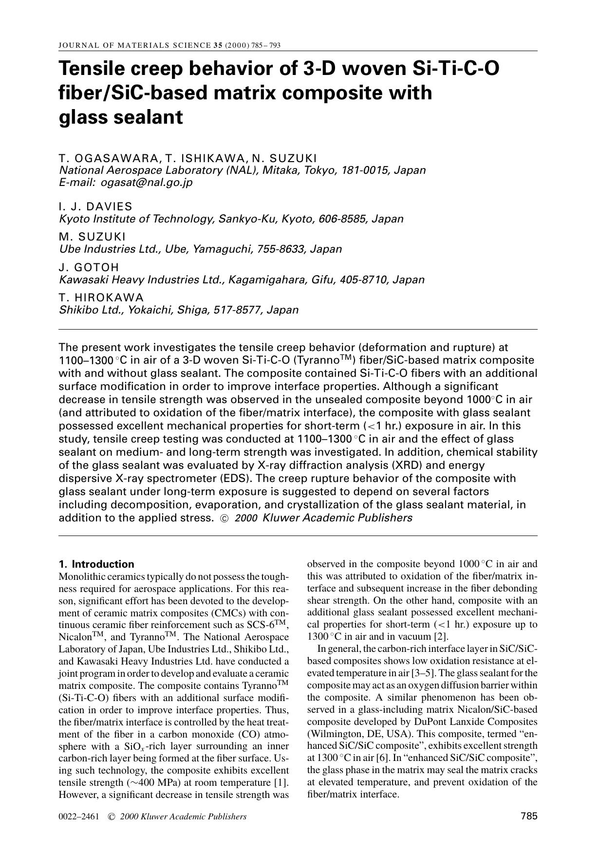 Tensile creep behavior of 3-D woven Si-Ti-C-O fiberSiC-based matrix composite with glass sealant by Unknown