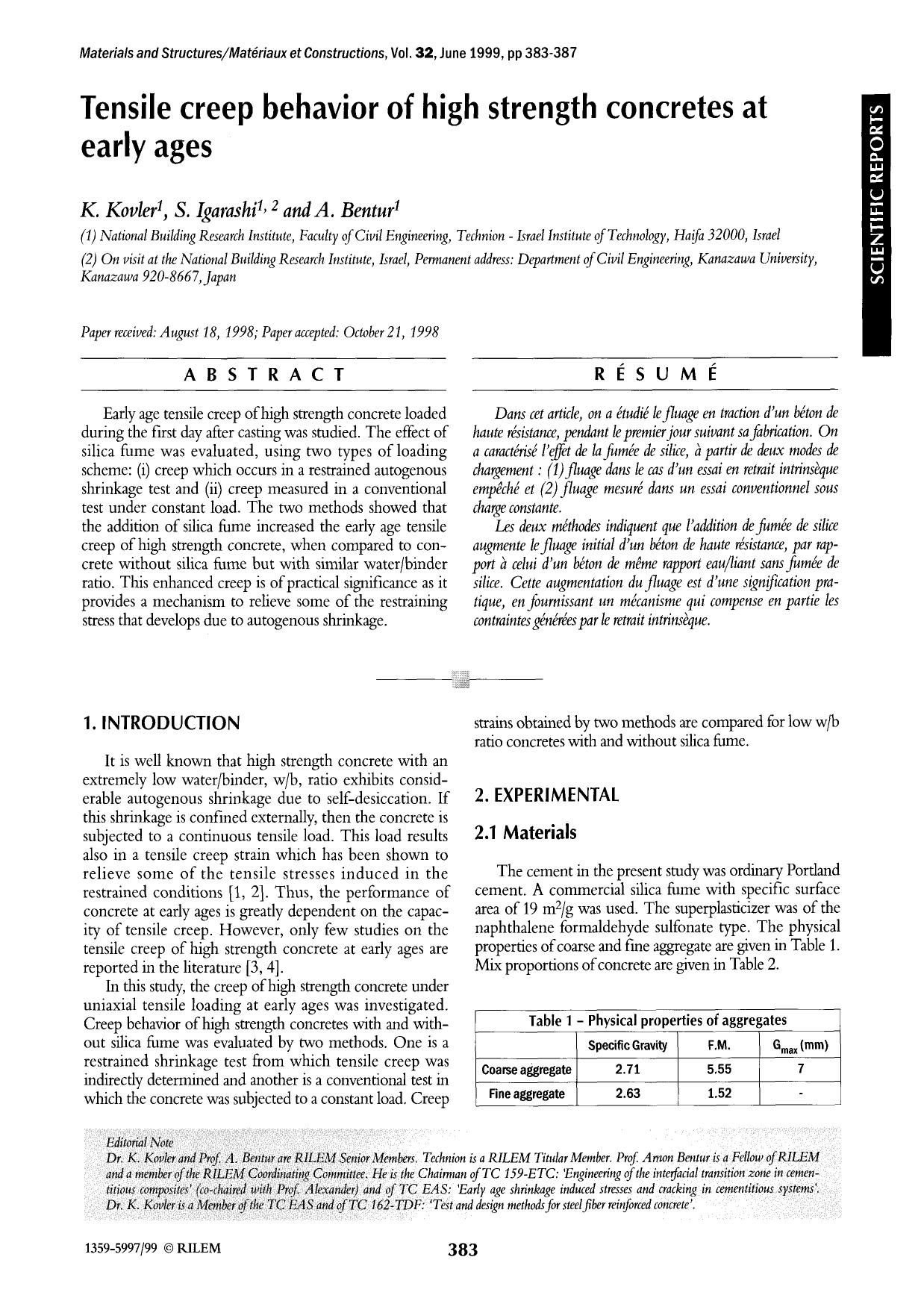 Tensile creep behavior of high strength concretes at early ages by Unknown