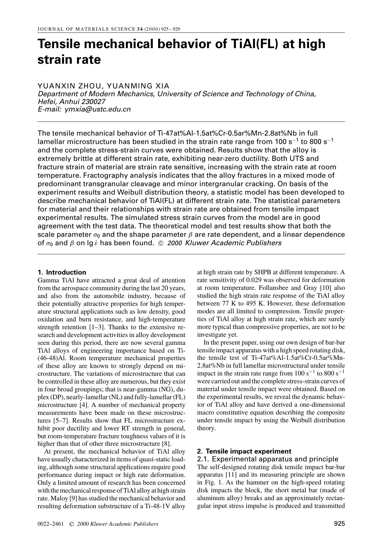 Tensile mechanical behavior of TiAl(FL) at high strain rate by Unknown
