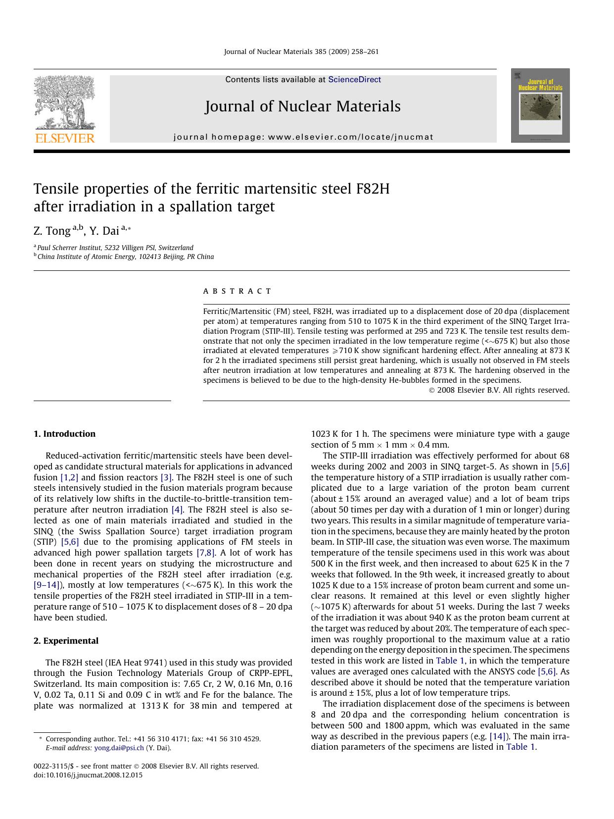 Tensile properties of the ferritic martensitic steel F82H after irradiation in a spallation target by Z. Tong; Y. Dai