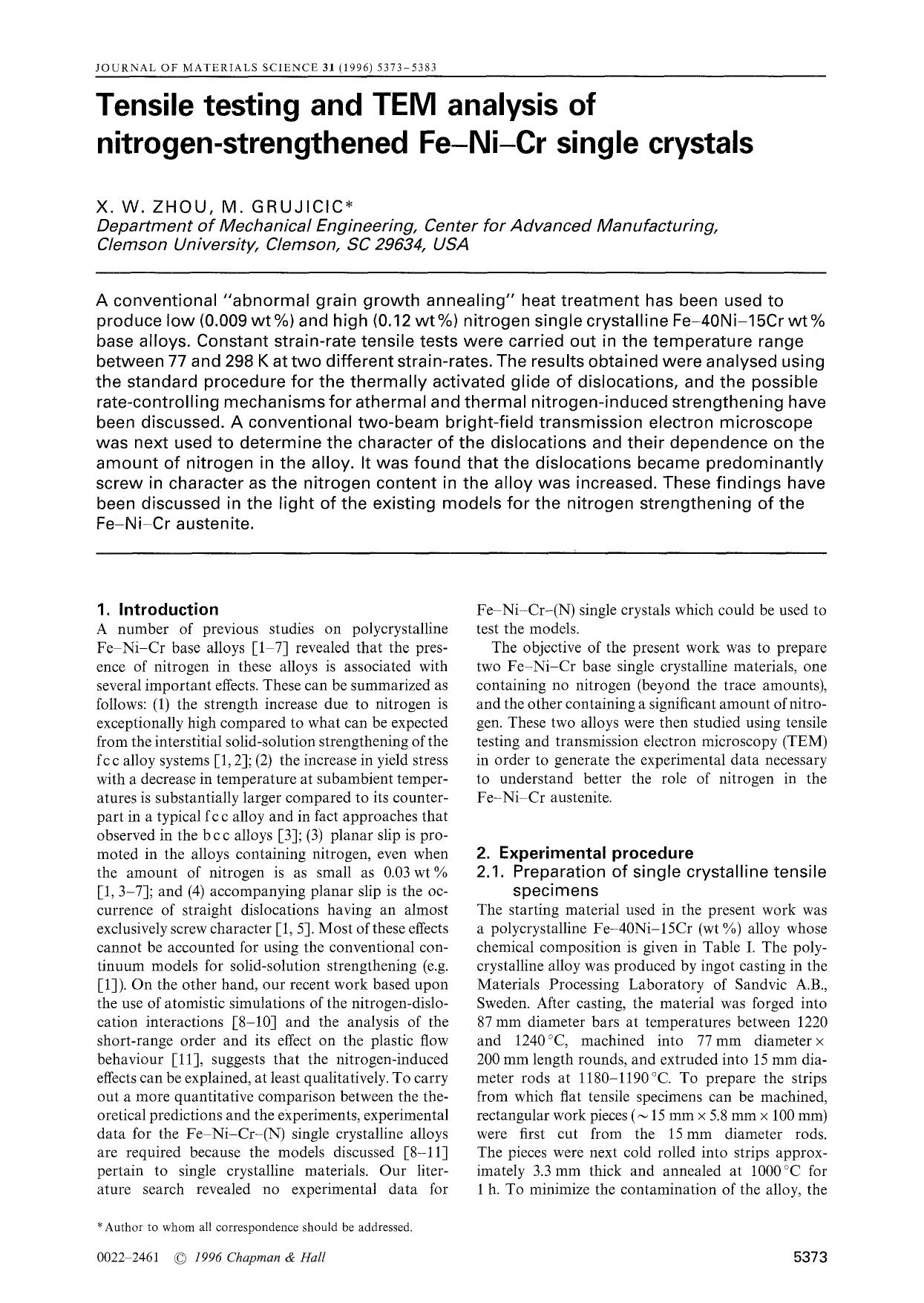 Tensile testing and TEM analysis of nitrogen-strengthened Fe-Ni-Cr single crystals by Unknown