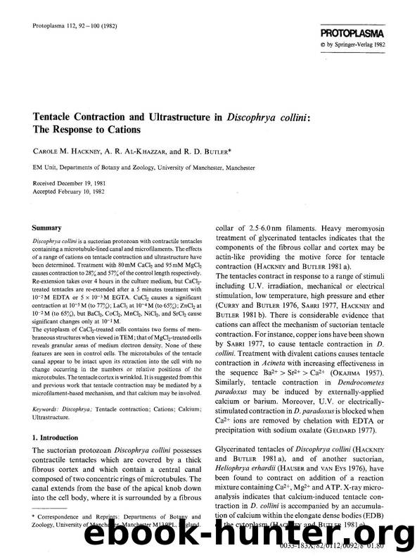 Tentacle contraction and ultrastructure in <Emphasis Type="Italic">Discophrya collini <Emphasis>: The response to cations by Unknown