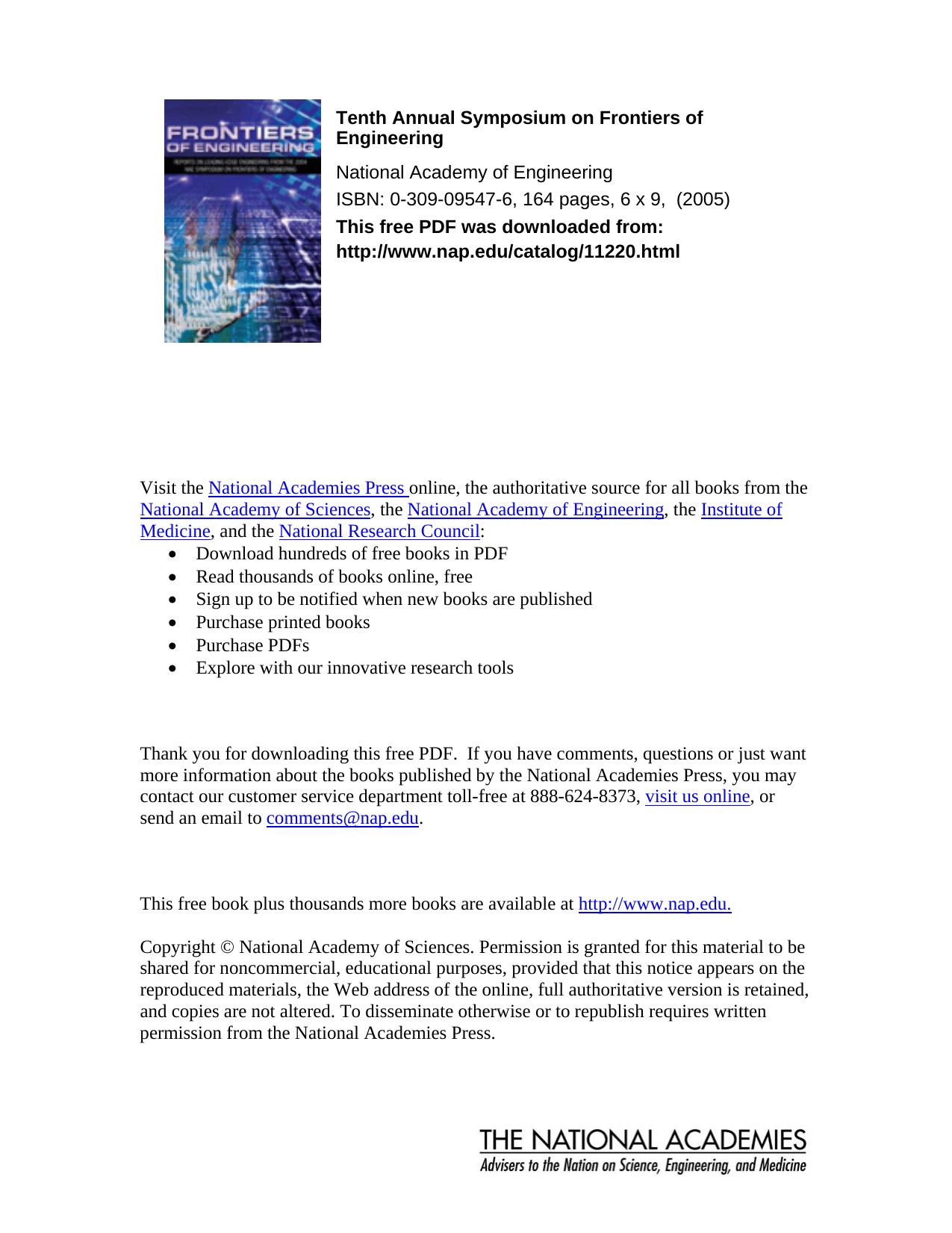 Tenth Annual Symposium on Frontiers of Engineering by National Academy of Engineering