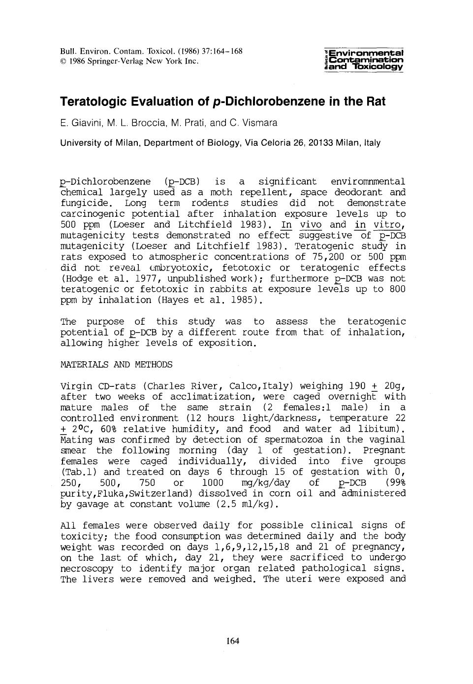 Teratologic evaluation of <Emphasis Type="Italic">p <Emphasis>-Dichlorobenzene in the rat by Unknown
